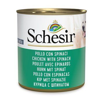Schesir Chicken With Spinach ШЕЗИР КУРКА СО ШПИНАТОМ в желе натуральные консервы для собак, влажный корм, банка 285г 280411 фото