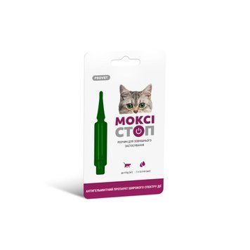 Краплі Provet МОКСІСТОП для котів до 4 кг антигельмінтний препарат на холку 1 піпетка х 0,4 мл PR241916_1уп.(1пип) фото